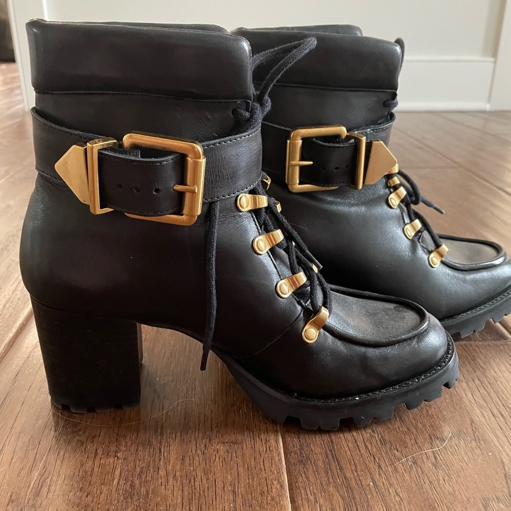 Schutz lug sole boots with removable gold buckle